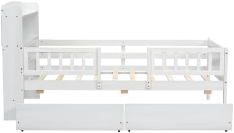 Bellemave Twin Size Kids Platform Bed with Fences and 2 Drawers, Wooden Twin Bed Frame with Storage Headboard and LED Light for Girls Boys, White
