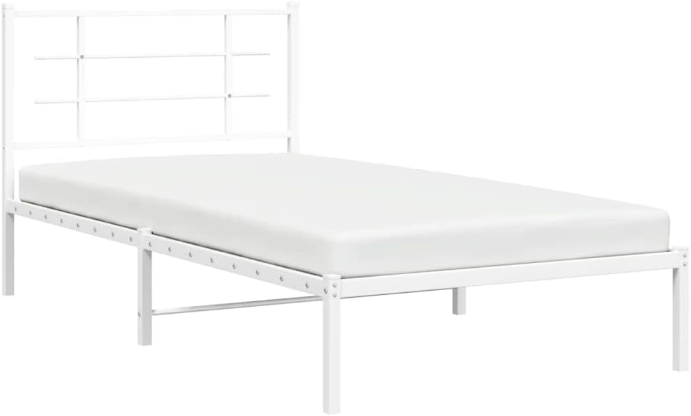 Twin Metal Bed Frame with Headboard White 39.4'x78.7' Sturdy Steel Platform Bed Frame with Underbed Storage Space for Bedroom Furniture, Guest Room, Dorm