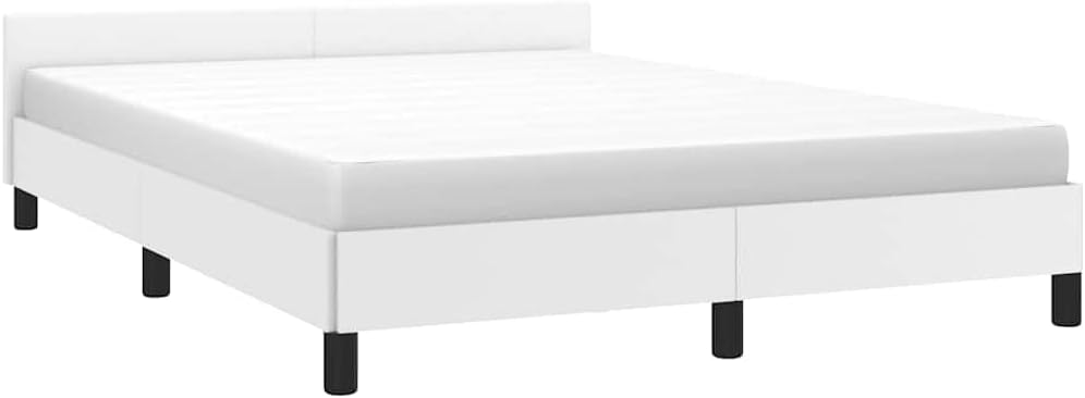 Faux Leather Upholstered Platform Bed Frame with Headboard White Full Size Sturdy Slat Support No Box Spring Needed Modern Bedroom Furniture