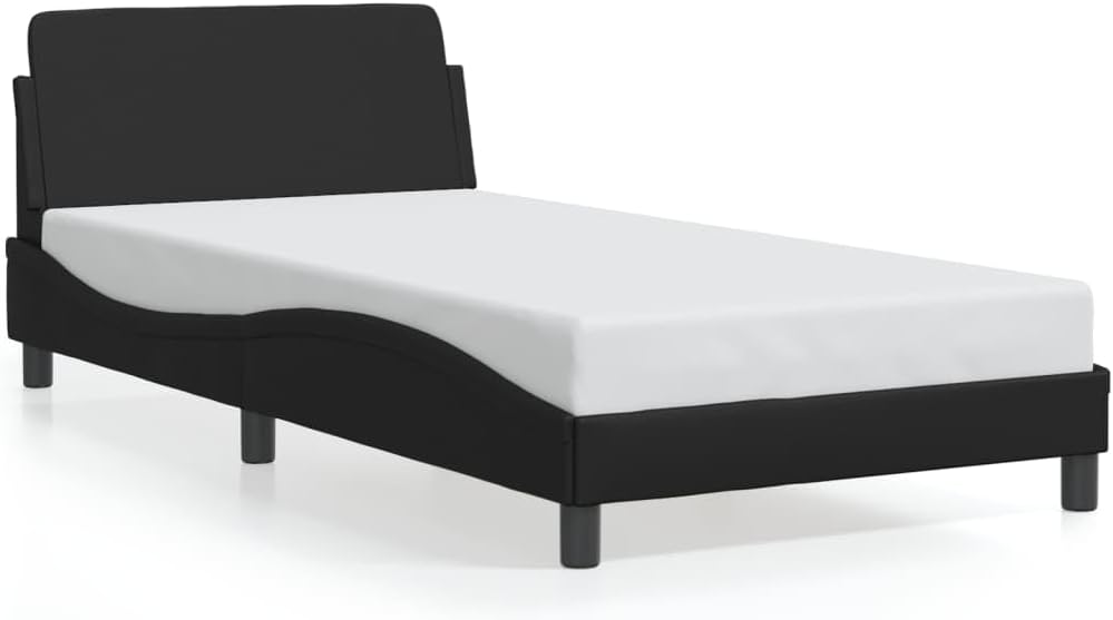 Twin Bed Frame with Headboard Black Faux Leather Modern Platform Bed Frame for Bedroom Furniture 39.4'x74.8' Waved Design Supportive Slats
