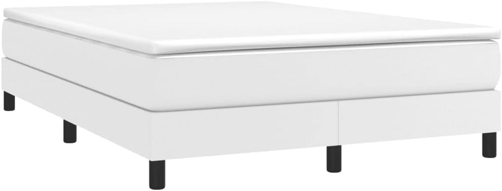 Upholstered Platform Bed Frame Full Size White Faux Leather Modern Bedframe with Sturdy Legs and Slat Support System for Bedroom Furniture