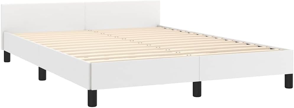 Faux Leather Upholstered Platform Bed Frame with Headboard White Full Size Sturdy Slat Support No Box Spring Needed Modern Bedroom Furniture