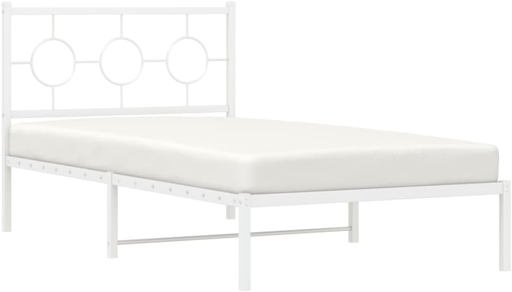 Metal Bed Frame with Headboard White 39.4'x78.7' - Sturdy Steel Platform Bed Frame for Queen Twin Mattress, Underbed Storage Space, Durable Bedframe for Bedroom Furniture