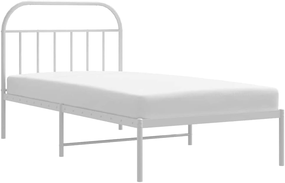 White Powder-Coated Steel Twin Bed Frame with Headboard, Durable Metal Construction and Minimalist Design for Modern Bedroom, Space Efficient Single Sleeper Bed Frame