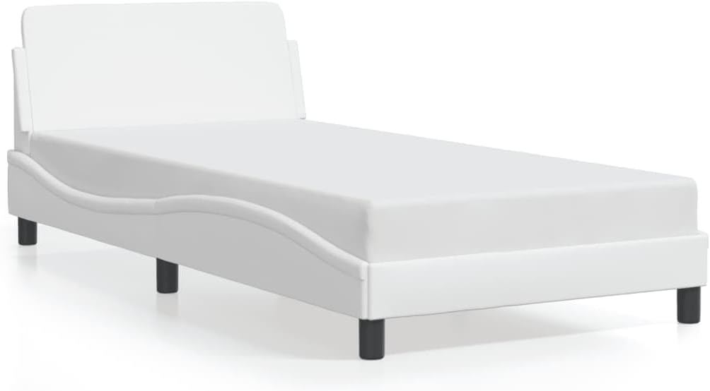 Twin Bed Frame with Storage, White Faux Leather Upholstered Platform Design, Curved Modern Style for Adult Bedroom Furniture