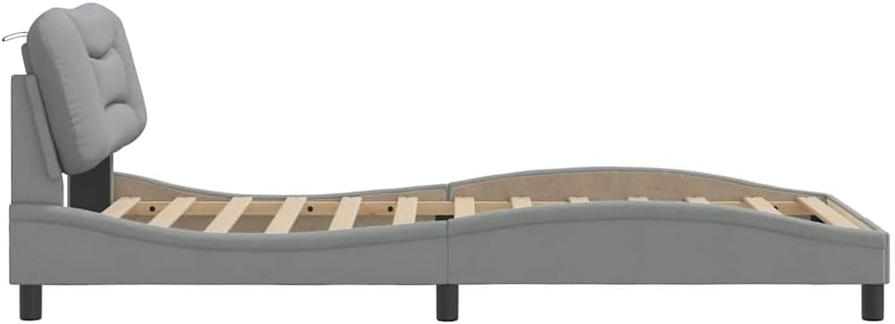 Light Grey Twin Bed Frame with Wavy Sides and Plush Headboard, Sturdy Solid Pine Construction with Under-Bed Storage, Modern Minimalist Design for Bedroom, Breathable