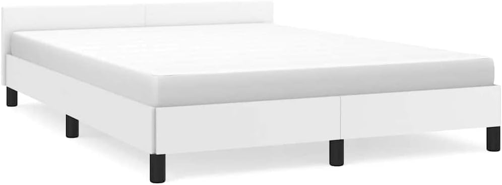 Faux Leather Upholstered Platform Bed Frame with Headboard White Full Size Sturdy Slat Support No Box Spring Needed Modern Bedroom Furniture