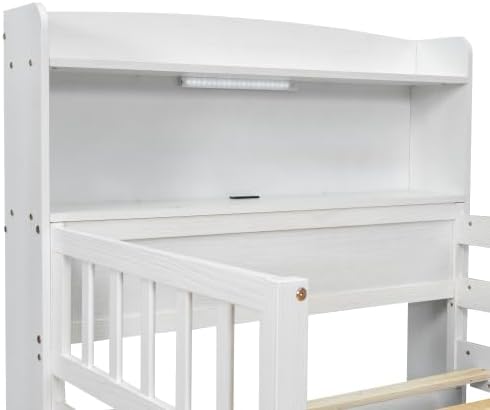 Bellemave Twin Size Kids Platform Bed with Fences and 2 Drawers, Wooden Twin Bed Frame with Storage Headboard and LED Light for Girls Boys, White
