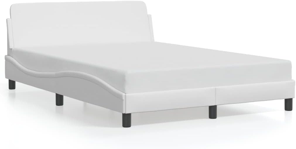Upholstered Double Bed Frame White Modern Sleek Design with Headboard and Slatted Base for Bedroom Comfort Support
