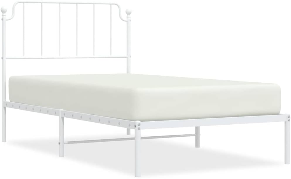 White Powder-Coated Steel Single Bed Frame with Metal Slats and Storage, 4-Piece Sturdy Platform Bed Frame for Adult Bedroom, Modern Minimalist Design, Durable and Easy