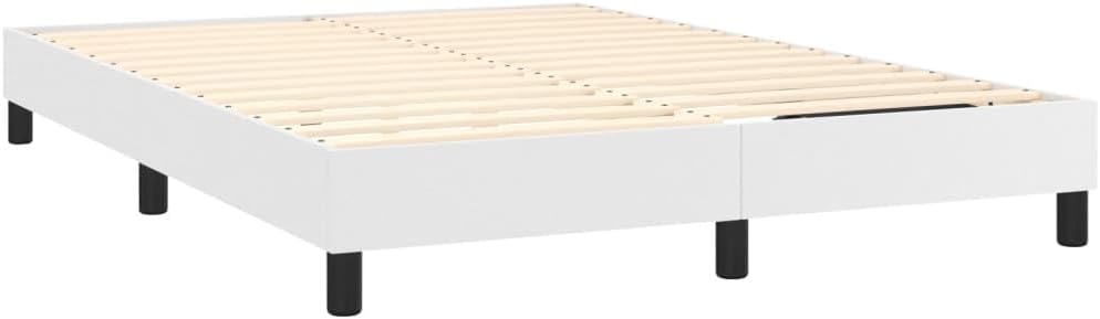Upholstered Platform Bed Frame Full Size White Faux Leather Modern Bedframe with Sturdy Legs and Slat Support System for Bedroom Furniture