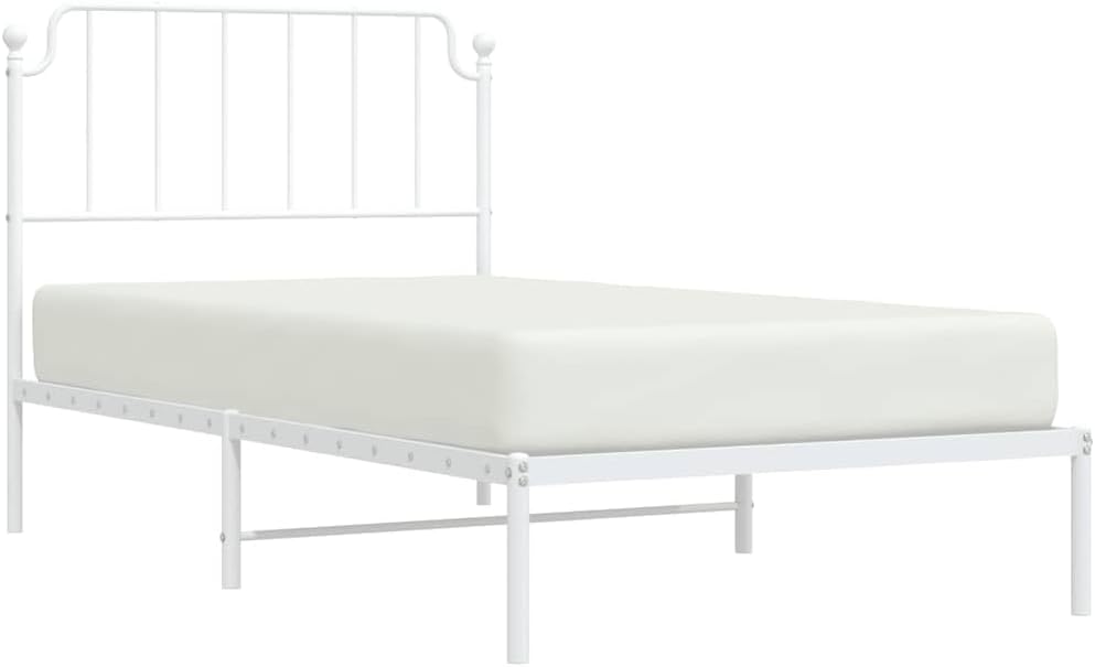 White Powder-Coated Steel Single Bed Frame with Storage, 4 Metal Slats for Mattress Support, Modern Minimalist Design, Durable Sturdy Construction, Easy Assembly for Adult