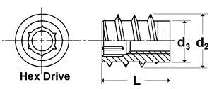 Threaded Insert Nut, Steel, 5/16-18 x 15mm Hex Drive, Non-Flange (250)