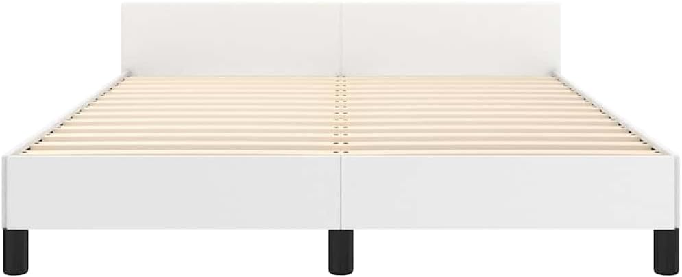 White Full Bed Frame with Headboard Platform Bed Faux Leather Upholstered No Box Spring Needed Sturdy Slat Support Bedroom Furniture