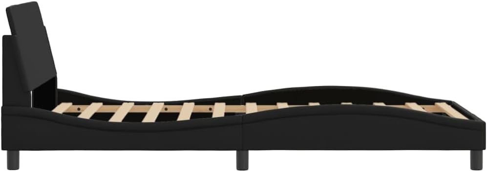 Twin Bed Frame with Headboard Black Faux Leather Modern Platform Bed Frame for Bedroom Furniture 39.4'x74.8' Waved Design Supportive Slats