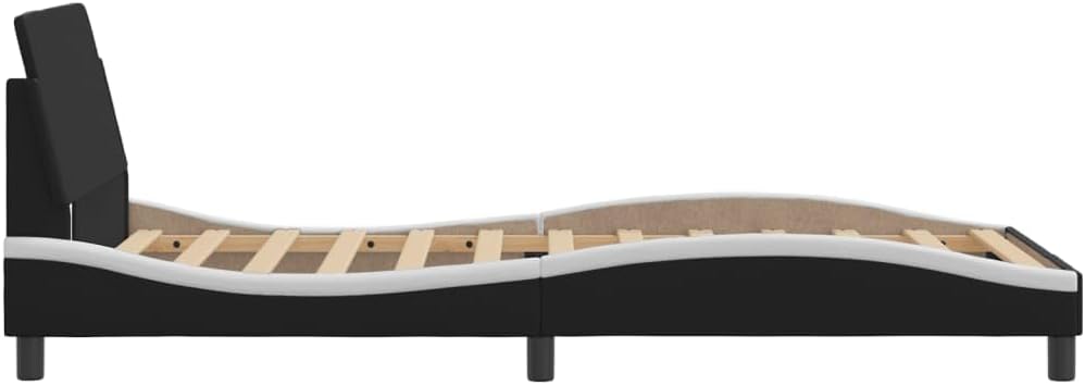 Twin XL Bed Frame with Headboard 39.4'x79.9' Faux Leather Platform Bed Frame Black and White Modern Wavy Design for Bedroom Furniture