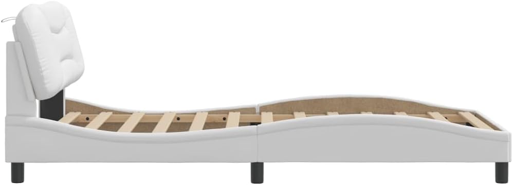 Modern White Faux Leather Bed Frame with Upholstered Headboard and Underbed Storage Space, Sturdy Metal Platform Foundation for Bedroom Furniture Set, Easy Assembly Design