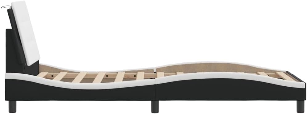 Twin Bed Frame with Upholstered Headboard, Black and White Wood Frame, Single Sleeper Size Modern Design for Bedroom Furniture