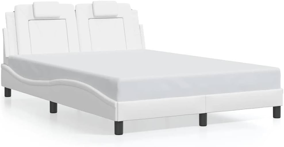 White Faux Leather Full Platform Bed, 55.9'x81.9'x29.3', Pine & Engineered Wood Support, Low-Profile Modern Headboard