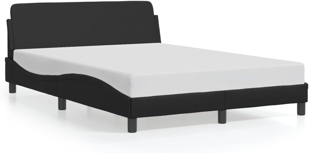 Double Bed Frame with Storage Platform, Upholstered Black Faux Leather Modern Bed Frame, Sturdy Pine Wood Construction and Padded Headboard for Bedroom