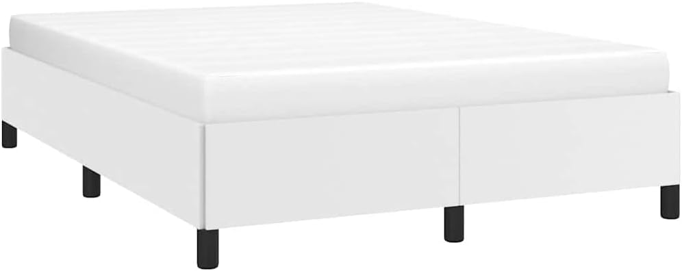 White Queen Upholstered Platform Bed Frame with Sturdy Wood Legs, Modern Faux Leather Mattress Foundation for Bedroom Space Saving Design