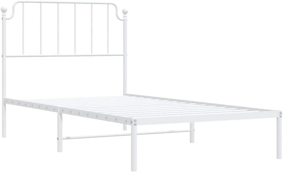 White Powder-Coated Steel Single Bed Frame with Storage, 4 Metal Slats for Mattress Support, Modern Minimalist Design, Durable Sturdy Construction, Easy Assembly for Adult