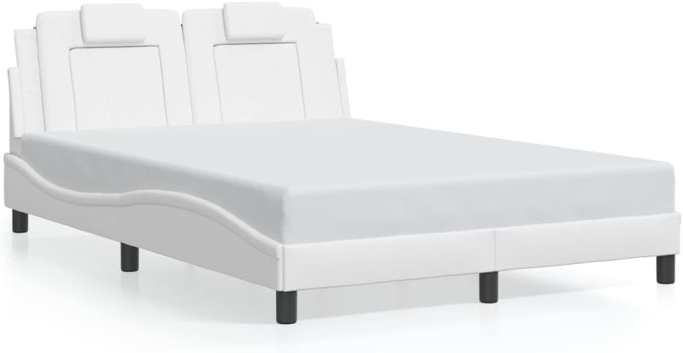White Upholstered Queen Bed Frame with Soft Faux Leather Headboard Modern Platform Bed Frame Sturdy Pine Wood Structure for Bedroom