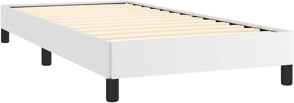Twin Bed Frame White 39.4'x74.8' Platform Bed Frame Upholstered Faux Leather No Box Spring Needed Sturdy Slatted Base Bedframe for Bedroom Guest Room