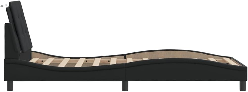 Twin Bed Frame with Headboard Black Faux Leather Platform Bed Frame 39.4x74.8 Inch Sturdy Wood Slats Modern Waved Design for Bedroom Furniture