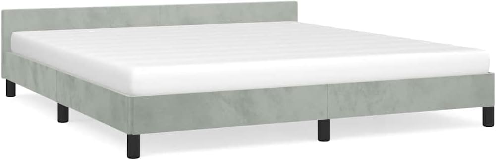 King Size Bed Frame with Headboard Light Grey Velvet Upholstered Platform Bed Frame Modern Minimalist Design Sturdy Engineered Wood Structure for Bedroom
