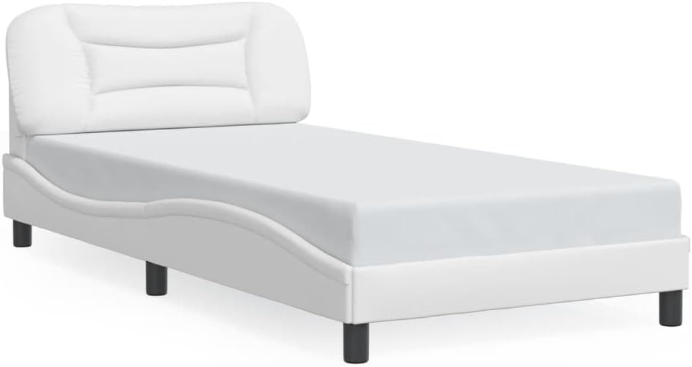 Twin Bed Frame with Headboard White Faux Leather Platform Bed Frame 39.4'x74.8' Modern Bedframe with Waved Side Design for Bedroom Furniture