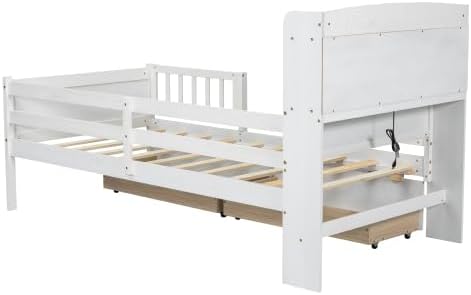 Bellemave Twin Size Kids Platform Bed with Fences and 2 Drawers, Wooden Twin Bed Frame with Storage Headboard and LED Light for Girls Boys, White