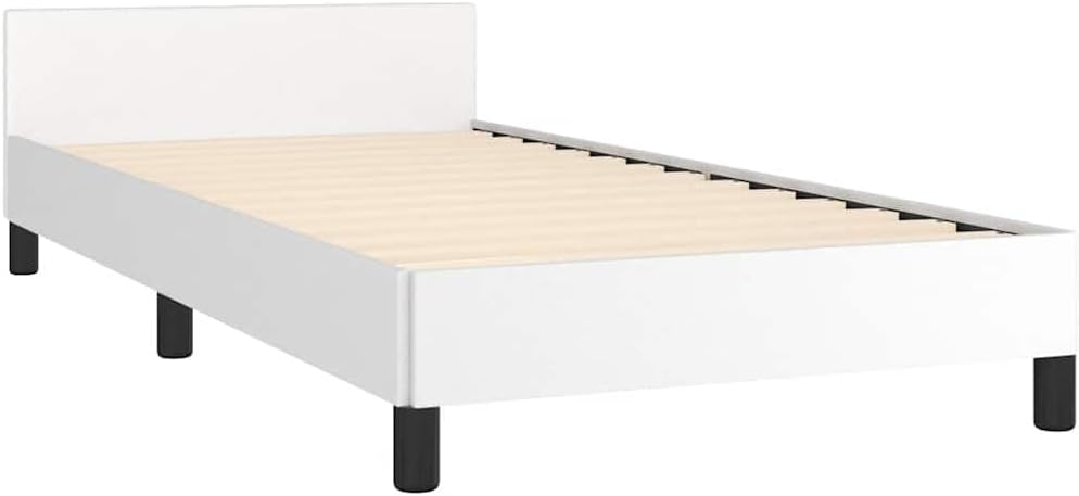 White Twin Bed Frame with Headboard, Faux Leather Upholstered Platform Bed Frame No Box Spring Needed Sturdy Slat Support for Bedroom Furniture