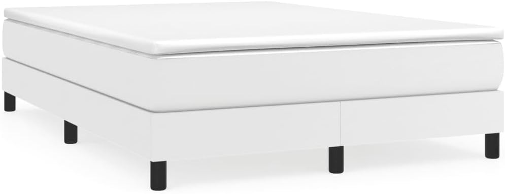 Upholstered Platform Bed Frame Full Size White Faux Leather Modern Bedframe with Sturdy Legs and Slat Support System for Bedroom Furniture
