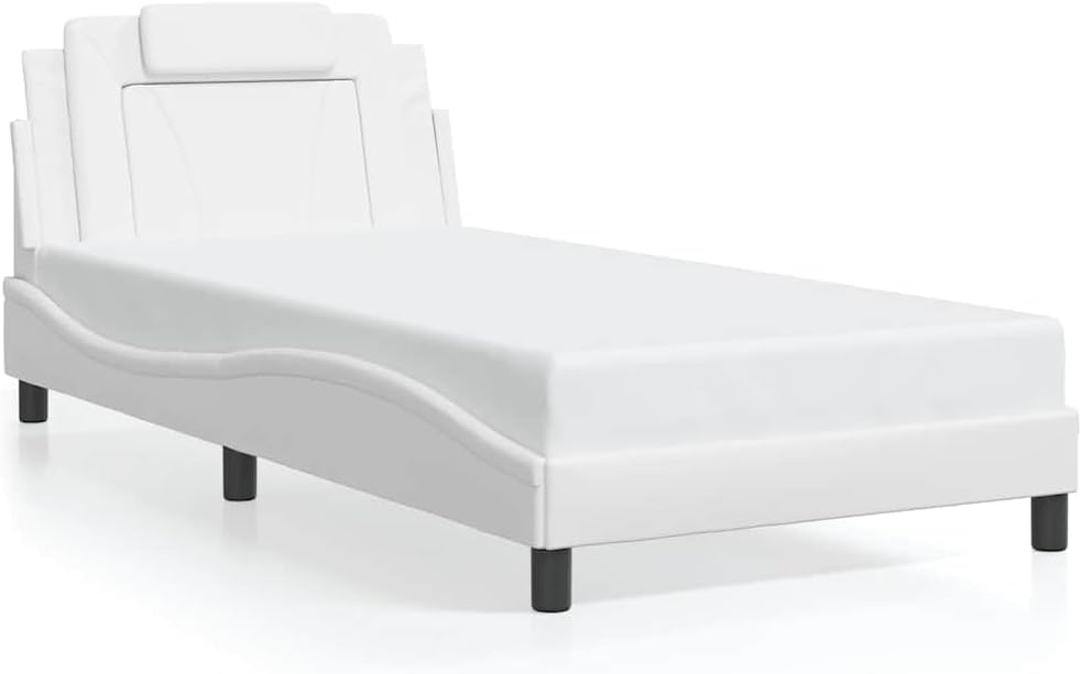 Twin Upholstered Faux Leather Platform Bed Frame with Wavy Headboard 39.4x74.8x29.3 in White Modern Storage Bedroom Furniture for Small Rooms