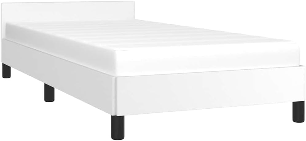 White Twin Bed Frame with Headboard, Faux Leather Upholstered Platform Bed Frame No Box Spring Needed Sturdy Slat Support for Bedroom Furniture