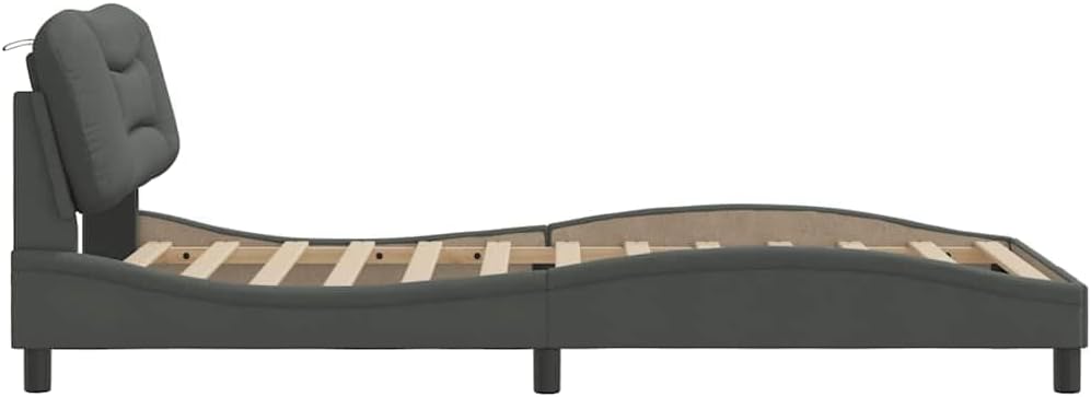 Modern Curved Dark Grey Bed Frame with Sturdy Pine Wood Construction and Breathable Polyester Fabric, Comfortable Headboard Cushion for Elegant Bedroom Decor, Easy