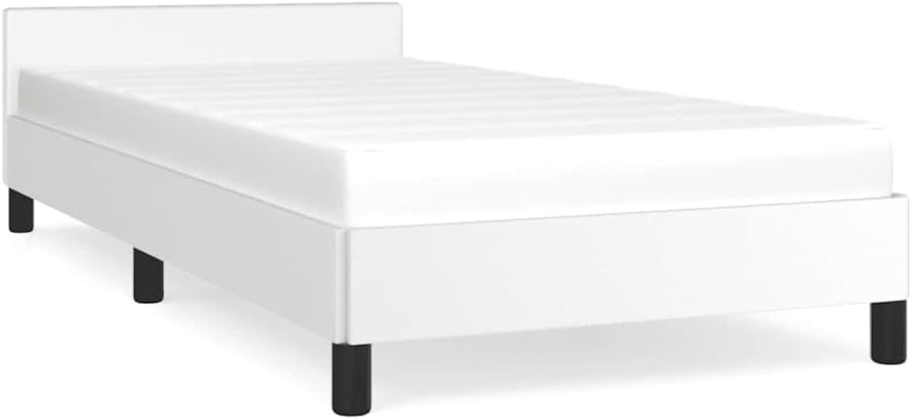 White Twin Bed Frame with Headboard, Faux Leather Upholstered Platform Bed Frame No Box Spring Needed Sturdy Slat Support for Bedroom Furniture