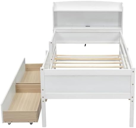 Bellemave Twin Size Kids Platform Bed with Fences and 2 Drawers, Wooden Twin Bed Frame with Storage Headboard and LED Light for Girls Boys, White
