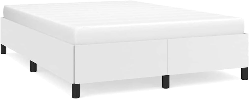 White Queen Upholstered Platform Bed Frame with Sturdy Wood Legs, Modern Faux Leather Mattress Foundation for Bedroom Space Saving Design