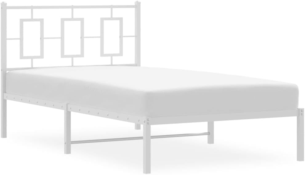 Metal Twin Bed Frame with Headboard White 39.4'x78.7' Platform Bed Frame Sturdy Steel Construction Underbed Storage Space for Bedroom Guest Room