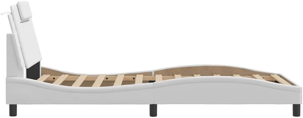 Twin Upholstered Faux Leather Platform Bed Frame with Wavy Headboard 39.4x74.8x29.3 in White Modern Storage Bedroom Furniture for Small Rooms