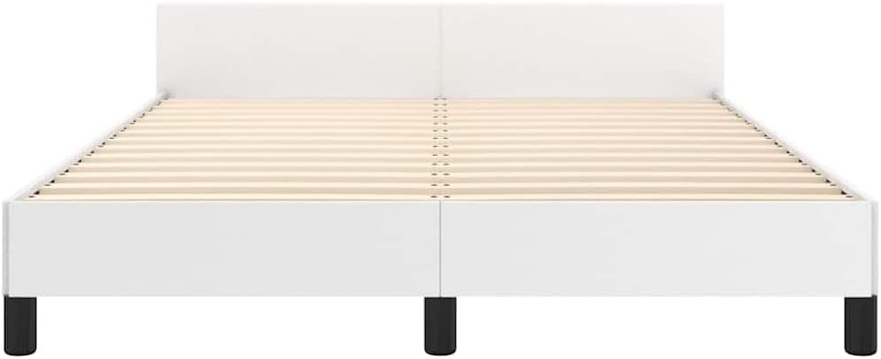 Faux Leather Upholstered Platform Bed Frame with Headboard White Full Size Sturdy Slat Support No Box Spring Needed Modern Bedroom Furniture