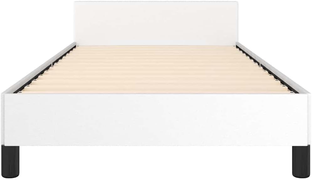 White Twin Bed Frame with Headboard, Faux Leather Upholstered Platform Bed Frame No Box Spring Needed Sturdy Slat Support for Bedroom Furniture