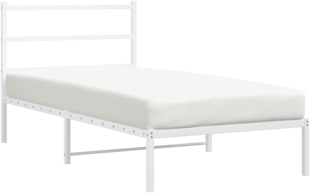 White Metal Bed Frame with Headboard Twin Size Modern Design Sturdy Powder Coated Steel Platform Bed Frame for Bedroom Guest Room