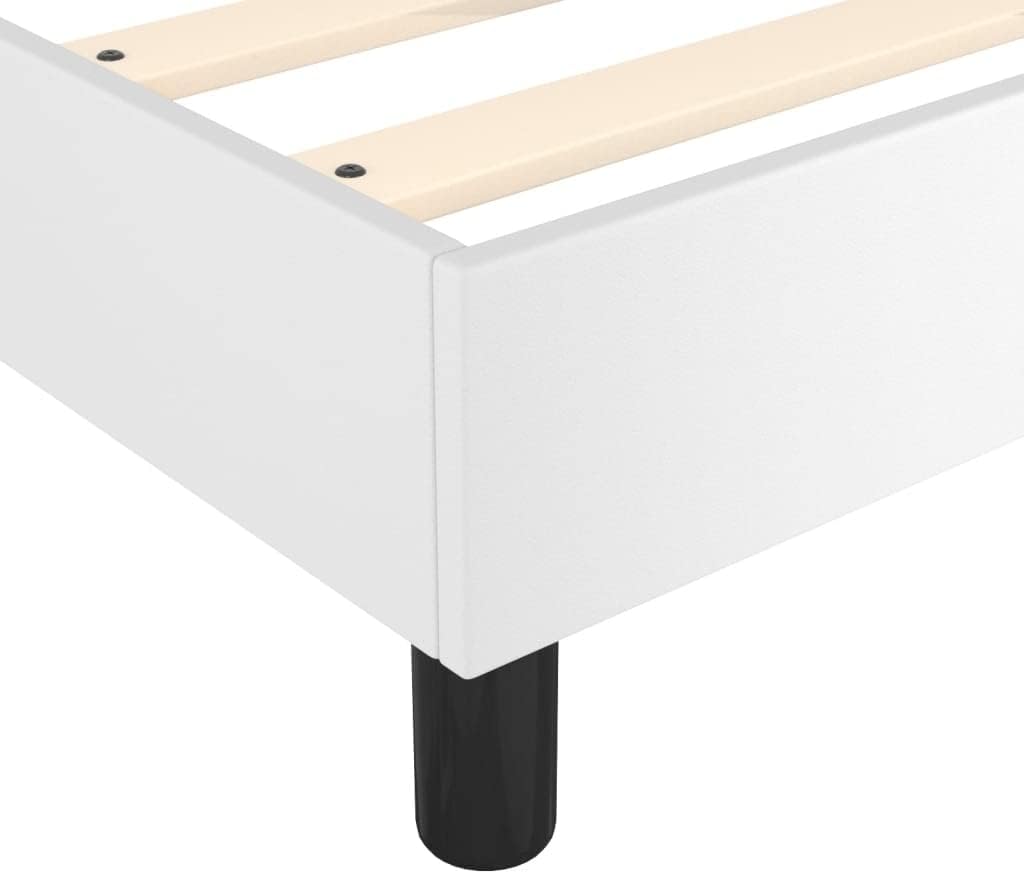 Upholstered Platform Bed Frame Full Size White Faux Leather Modern Bedframe with Sturdy Legs and Slat Support System for Bedroom Furniture