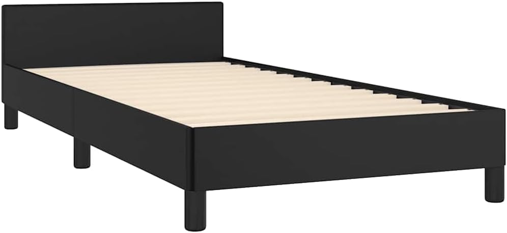 Twin XL Bed Frame Black Modern Faux Leather Headboard Base Platform | Strong Slat Support | Generic Furniture for Bedroom | Easy Assembly |