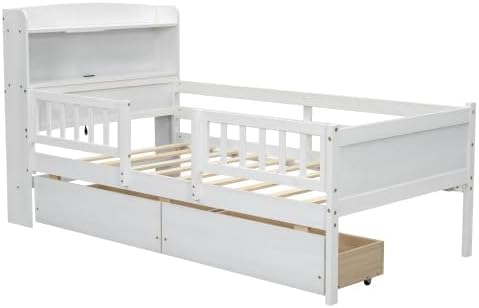 Bellemave Twin Size Kids Platform Bed with Fences and 2 Drawers, Wooden Twin Bed Frame with Storage Headboard and LED Light for Girls Boys, White