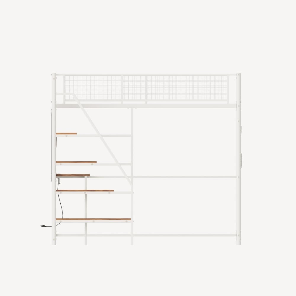Twin Sized loft Metal Bed with Black for Bedroom and Dormitory, with Built-in Charging Station and LED Lighting (White + Metal & Wood + Bedroom)