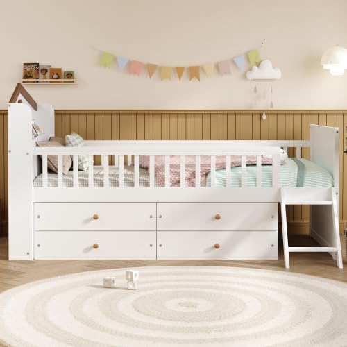 Bellemave Kids Platform Bed with Guardrail Headboard and Ladder, Twin Size Wooden Bed Frame with 4 Drawers for Boys Girls, White